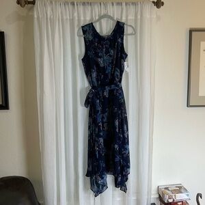 Roz & Ali Navy Blue Lined Chiffon Floral Handkerchief Hem Dress